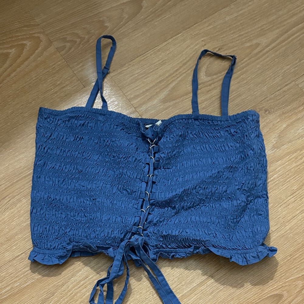 Blue Smocked Lace-Up Women Top w take off straps